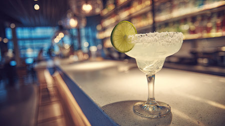 A beautifully crafted margarita cocktail with a lime slice garnish sits elegantly on a sleek bar counter, embodying a perfect blend of relaxation and indulgence.の素材
