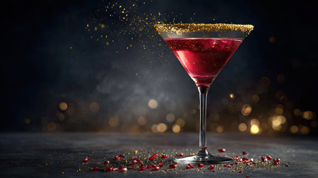 An exquisite red cocktail served in a chic glass with a golden rim, sprinkled with shimmering garnishes against a dark, moody background. Perfect for festive occasions.の素材