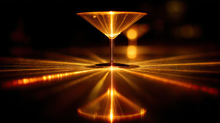A stunning golden martini glass stands gracefully on a reflective surface, illuminated by warm light effects that create a luxurious atmosphere. Ideal for nightlife themes.の素材