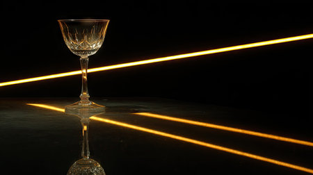 An elegant crystal glass sits on a reflective surface, enhanced by striking light rays against a dark backdrop. This image captures sophistication and artistry.の素材