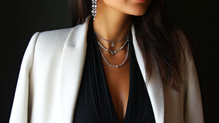 A close-up portrait of an elegant woman wearing stunning jewelry, featuring layered necklaces and intricate earrings, dressed in a classic black outfit and white blazer.の素材