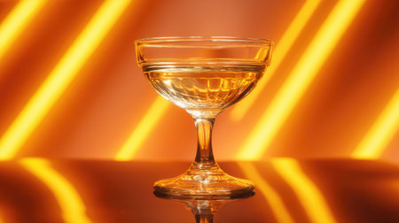 A stunning crystal champagne glass filled with bubbles, set against a vibrant orange neon background, ideal for celebration and elegance in photography.の素材