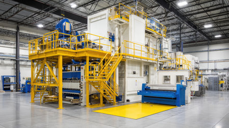 A spacious industrial factory interior featuring advanced machinery and yellow safety railings, illustrating a modern production environment equipped for high efficiency and safety.の素材