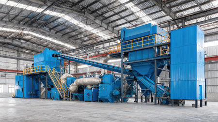 A detailed view of industrial waste processing machinery featuring bright blue equipment in a spacious warehouse setting, showcasing modern manufacturing technology.の素材