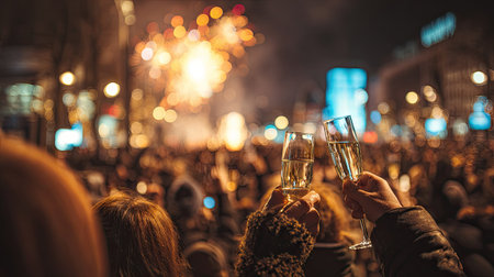 A vibrant scene of a crowd celebrating New Year's Eve, raising glasses of champagne amidst a backdrop of colorful fireworks, capturing the essence of joy and unity.の素材