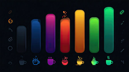 This vibrant illustration features a coffee bar chart with colorful cups and steam, ideal for representing beverage data or creative projects in a modern context.の素材