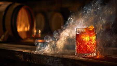 A beautifully crafted whiskey cocktail glass sits on a rustic wooden table, enhanced by elegant orange garnishes and soft smoke, evoking a cozy bar ambiance.の素材