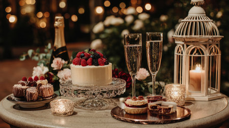 A beautifully arranged dessert table featuring a creamy cake, assorted pastries, fresh berries, and bubbly champagne, all under soft candlelight.の素材