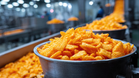 A vibrant scene showcasing freshly made orange snacks being transported on a conveyor belt in a modern food processing facility, emphasizing efficiency and quality.の素材