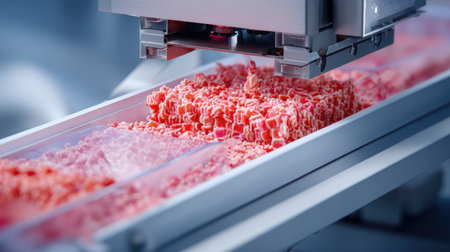 High-tech meat processing using automated machinery displays fresh ground meat on a conveyor belt, illustrating efficiency in modern food production.の素材