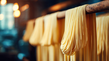 This captivating image showcases freshly made pasta elegantly hanging on a wooden rod in a cozy artisan kitchen, highlighting culinary craftsmanship.の素材