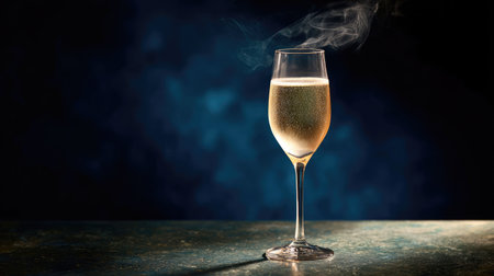 A beautifully crafted glass of sparkling beverage emits rising steam, capturing a moment of luxury and celebration in a dimly lit ambiance. Perfect for evoking a sense of elegance.の素材