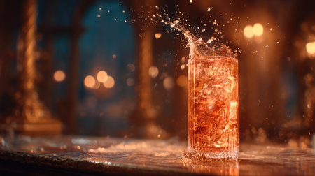 A captivating image of a sparkling beverage splashing in an elegant glass, set against a warm, atmospheric background. The bokeh effect enhances the luxury feel, making it perfect for any drink presentation.の素材