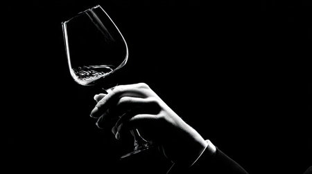 A striking black and white image showcasing a graceful hand holding a wine glass. The dark background enhances the elegance and sophistication, perfect for themes of celebration and luxury.の素材