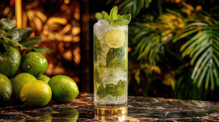 Enjoy a vibrant mojito cocktail featuring fresh mint leaves and zesty lime, served in a tall glass over ice on a luxurious marble table. Perfect for summer gatherings!の素材
