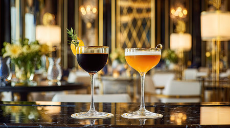 Two elegant cocktails sit beautifully on a marble bar, showcasing sophistication and style in a luxurious restaurant setting with ambient lighting.の素材