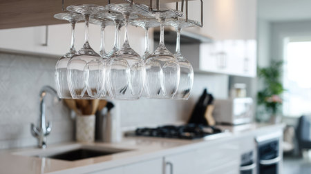 This image features a stylish kitchen interior with hanging wine glasses, modern appliances, and a bright, airy atmosphere, perfect for culinary inspiration.の素材