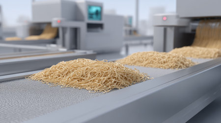 This image showcases a modern production line for cooked noodles, emphasizing advanced machinery and streamlined operations in an industrial environment.の素材