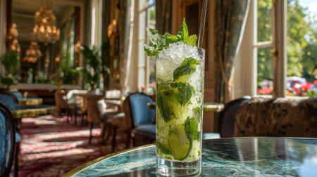 A vibrant and refreshing mojito cocktail sits elegantly on a table, adorned with fresh mint leaves and crushed ice, capturing a stylish lounge ambiance.の素材