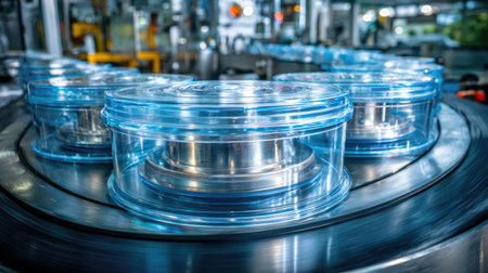 This image showcases the intricate industrial manufacturing process, highlighting transparent plastic containers on a conveyor belt within a modern factory setting.の素材