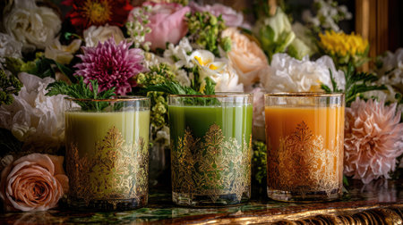 This captivating image showcases three elegant glasses of vibrant fruit juices set against a backdrop of beautiful flowers, perfect for wellness and refreshment.の素材
