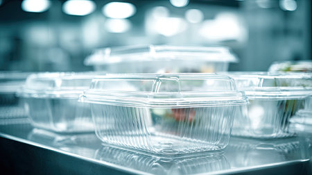 This image showcases several clear disposable containers stacked on a metal surface, illustrating a modern kitchen environment ideal for food storage and preparation.の素材