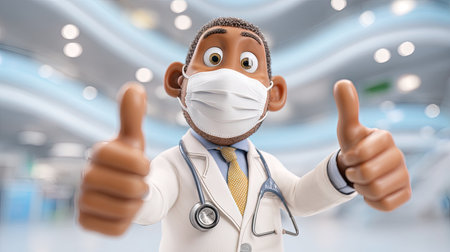 A cheerful animated doctor character wearing a mask gives a thumbs up in a modern hospital. This illustration promotes positivity in healthcare, emphasizing support and professionalism.の素材