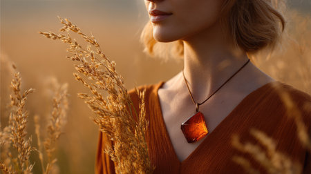 A serene portrait of a woman wearing an amber pendant, standing in a wheat field during golden hour. The warm tones highlight her natural beauty.の素材