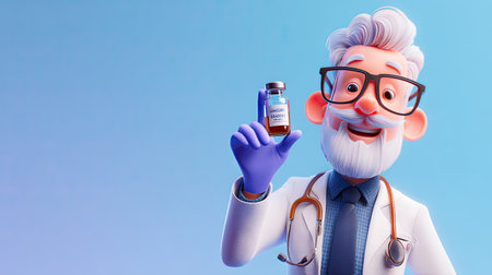 A cheerful cartoon doctor with glasses and a beard holds a medicine bottle, symbolizing healthcare, professionalism, and trust in medical treatment.の素材