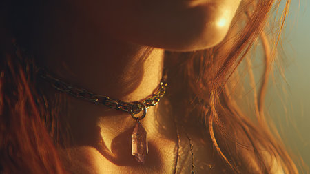 A beautiful close-up image of a woman showcasing an elegant choker necklace adorned with an amethyst pendant, capturing warm sunlight and intricate details.の素材