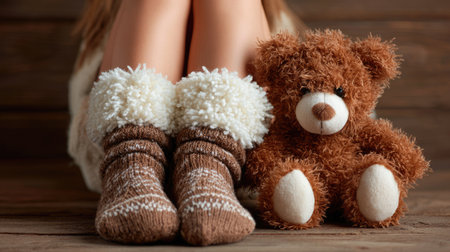 A cozy setting displaying a pair of warm, fluffy socks beside a cute teddy bear, evoking feelings of comfort and childhood nostalgia in a tranquil indoor atmosphere.の素材