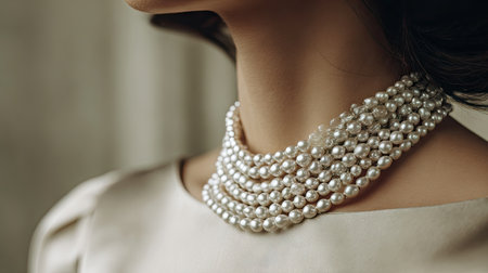 This captivating image features a woman adorned with layers of stunning pearl necklaces, highlighting elegance and sophistication in fashion. The soft lighting enhances her graceful appearance.の素材