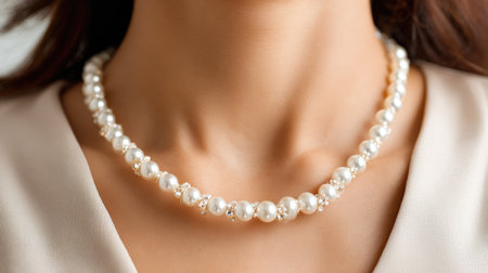 Close-up view of an elegant white pearl necklace elegantly worn by a model. This fashion accessory adds a touch of luxury and sophistication. Perfect for special occasions or daily wear.の素材