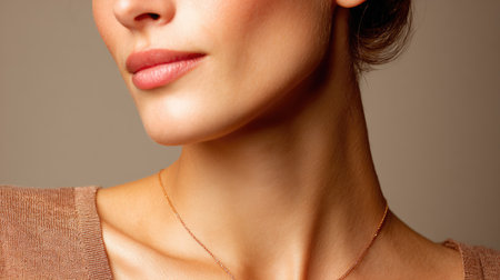 This image features a striking close-up portrait of a woman highlighting her natural beauty. Soft lighting enhances her features and minimalistic jewelry.の素材