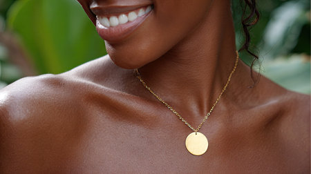 A close-up view of a smiling woman showcases a beautiful gold pendant necklace against a vibrant green backdrop. The image highlights elegance and natural beauty.の素材
