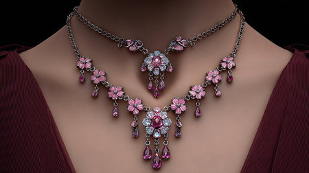 Captivating floral necklace and earring set designed with vibrant gemstones, perfect for adding elegance and charm to any outfit or occasion.の素材