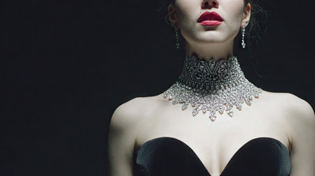 A captivating portrait of a woman showcasing exquisite jewelry. The dark background accentuates the elegance of the necklace and earrings, creating a striking visual impact.の素材