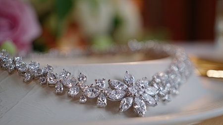 This exquisite necklace features an elegant floral design adorned with sparkling gems, perfect for showcasing luxury and sophistication in jewelry photography.の素材