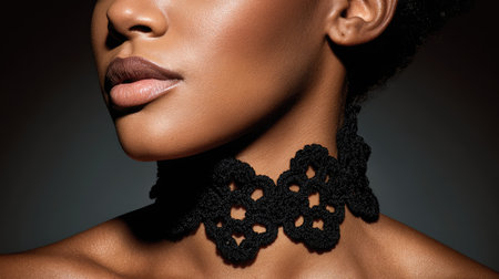 This stunning close-up captures a woman showcasing beauty and elegance with a unique black lace choker. The soft lighting accentuates her flawless skin and graceful features, creating an artistic and captivating portrait.の素材