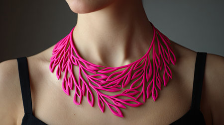 Stunning close-up of a vibrant pink leaf-inspired necklace worn by a female model, highlighting contemporary design and elegant style.の素材
