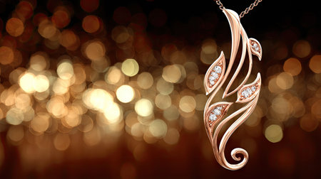 A stunning rose gold pendant adorned with sparkling diamond accents is showcased against a warm bokeh background. Perfect for jewelry enthusiasts.の素材