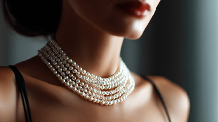 A captivating close-up of a woman's neck adorned with multiple strands of pearls, exuding a sense of classic elegance and sophistication. The soft lighting enhances the beauty and refined details of the jewelry.の素材