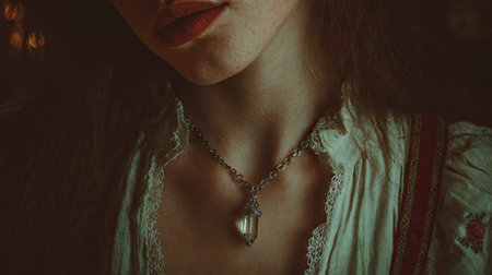 This close-up portrait features a woman wearing an elegant silver necklace with a crystal pendant. Soft light highlights the jewel and skin.の素材
