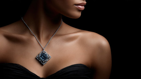 A captivating close-up of an elegant woman showcasing a beautiful jewelry necklace against a dark background, highlighting fashion and beauty.の素材