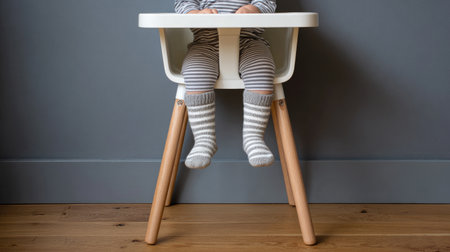 A cozy scene featuring a baby sitting in a modern high chair against a gray wall, showcasing playful stripes and a warm wooden floor, ideal for family moments.の素材