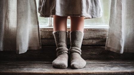 A serene scene featuring cozy knitted socks on a wooden floor by a window, illuminated by soft natural light filtering through draped curtains.の素材