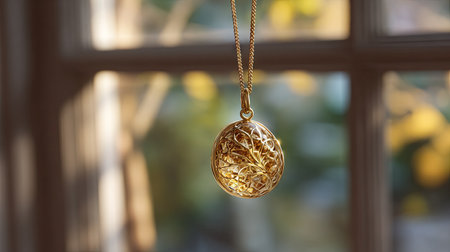 A stunning golden pendant featuring an intricate leaf design. This jewelry piece hangs gracefully by a window, illuminated by soft natural light, showcasing elegance and artistry.の素材
