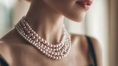 This stunning close-up displays a woman adorned with elegant strands of pearls, capturing the essence of style and luxury. Perfect for fashion and beauty themes.の素材
