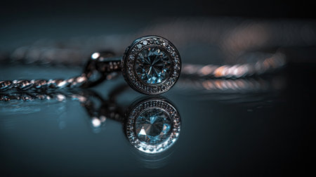 This elegant close-up shot features a stunning blue gemstone pendant with intricate details, reflecting beautifully against a dark backdrop.の素材