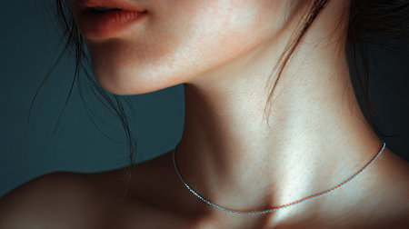 A serene close-up portrait of a woman's neck and jawline, showcasing subtle jewelry against a softly lit backdrop, highlighting beauty and elegance.の素材